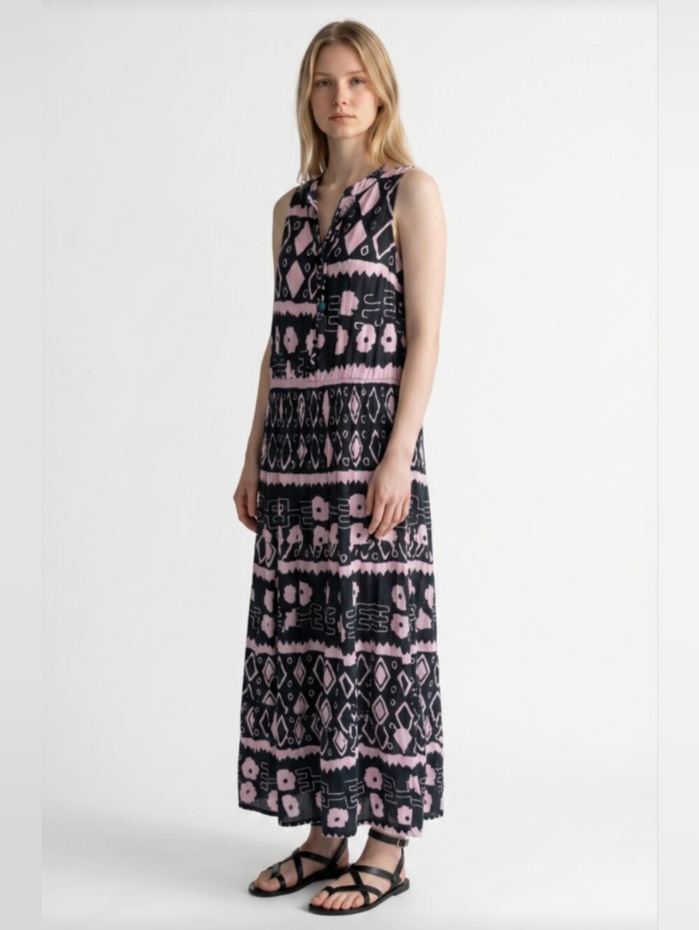 AFRICAN STARS! COTTON BLEND BLACK & PINK ABSTRACT PRINT TIERED MAXI DRESS! OS